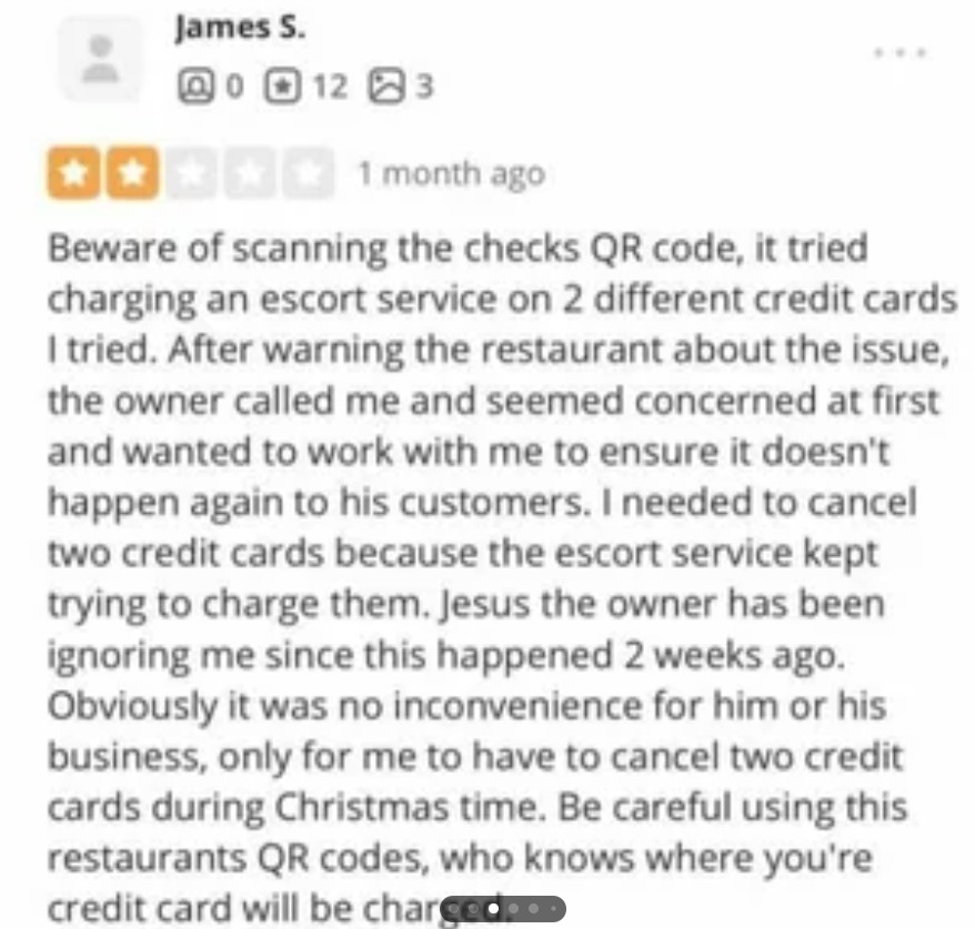 A screenshot of a negative restaurant review warns users about being charged for an escort service after scanning a check’s QR code, describing issues with credit card charges and a lack of response from the owner.