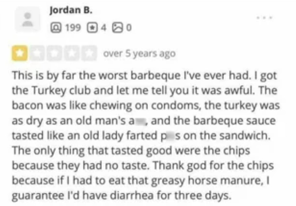 A review by Jordan B. describes a terrible barbeque experience, criticizing the turkey club, bacon, and sauce, and humorously complaining about taste and likely digestive issues, with only the flavorless chips praised.