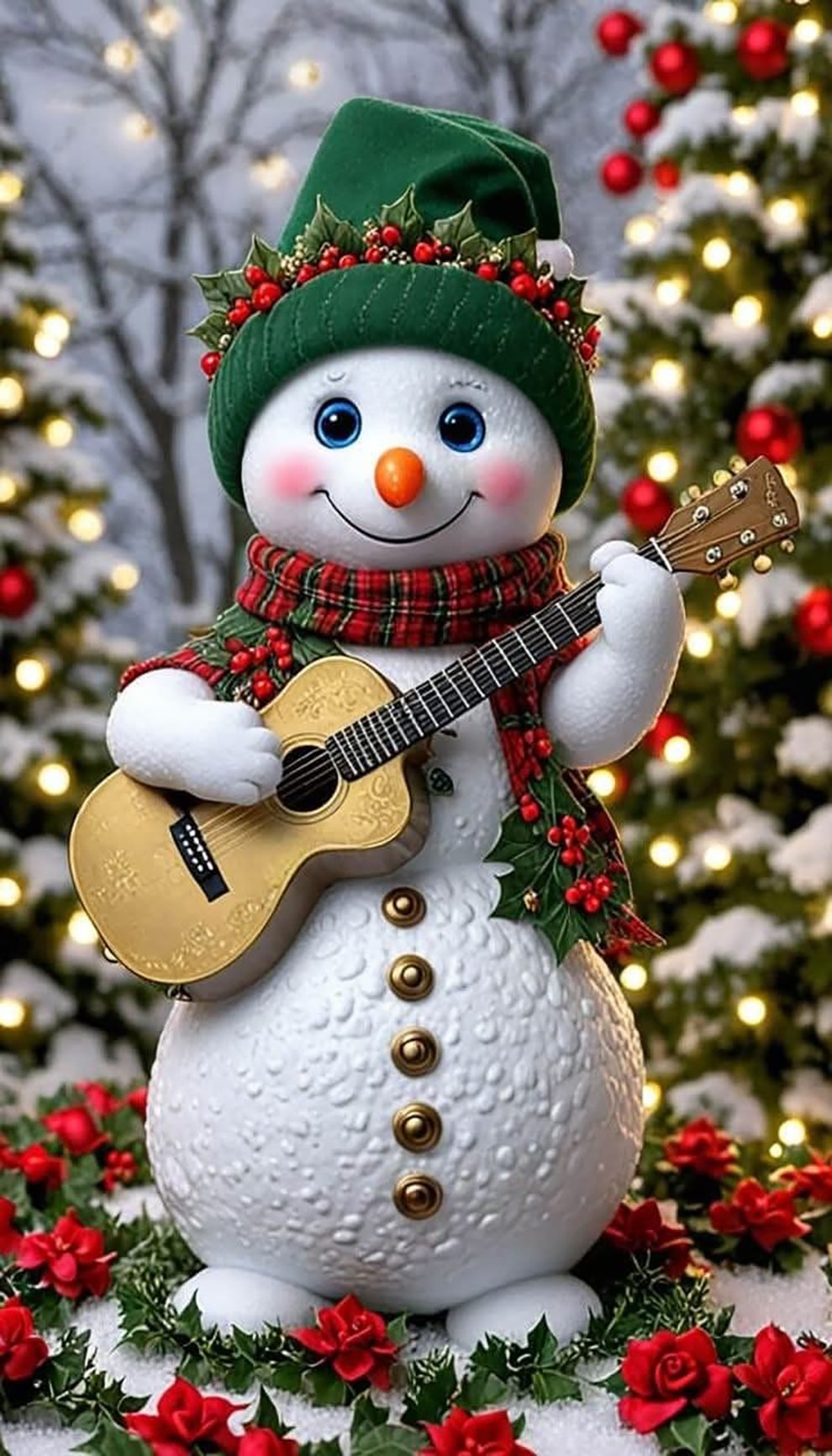 A cheerful snowman wearing a green hat, plaid scarf, and holly decorations holds a guitar. He stands among red flowers, with snowy trees and festive lights in the background.