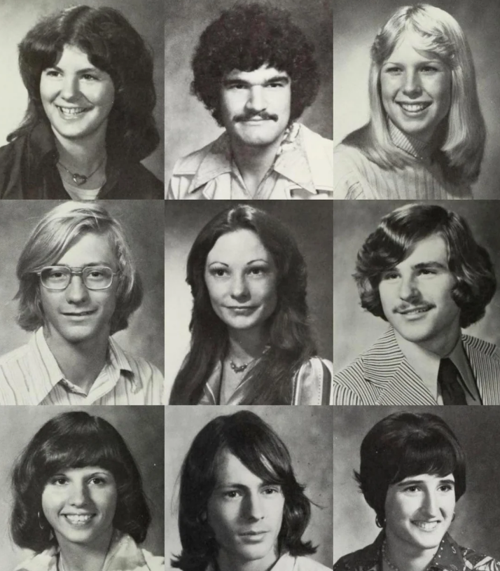 A black-and-white grid of nine vintage yearbook portraits shows young men and women with 1970s hairstyles, including feathered, wavy, and parted hair, all smiling or posing for the camera.