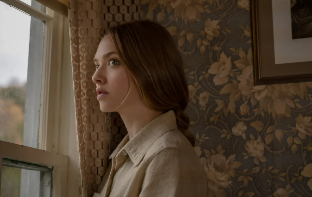 A young woman with long brown hair, wearing a beige shirt, looks thoughtfully out of a window. She stands beside patterned floral wallpaper and a partially visible picture frame on the wall.