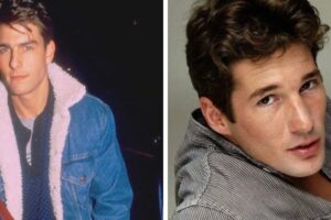 Side-by-side photos of two young men with dark hair; one wearing a denim jacket with a shearling collar, the other reclining and wearing a gray striped shirt, both looking towards the camera.