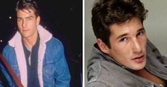 Side-by-side photos of two young men with dark hair; one wearing a denim jacket with a shearling collar, the other reclining and wearing a gray striped shirt, both looking towards the camera.