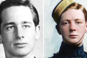 Side-by-side portraits of two young men; the left image is a black-and-white photo of a man in a suit, the right is a colorized image of a man in a uniform and hat.