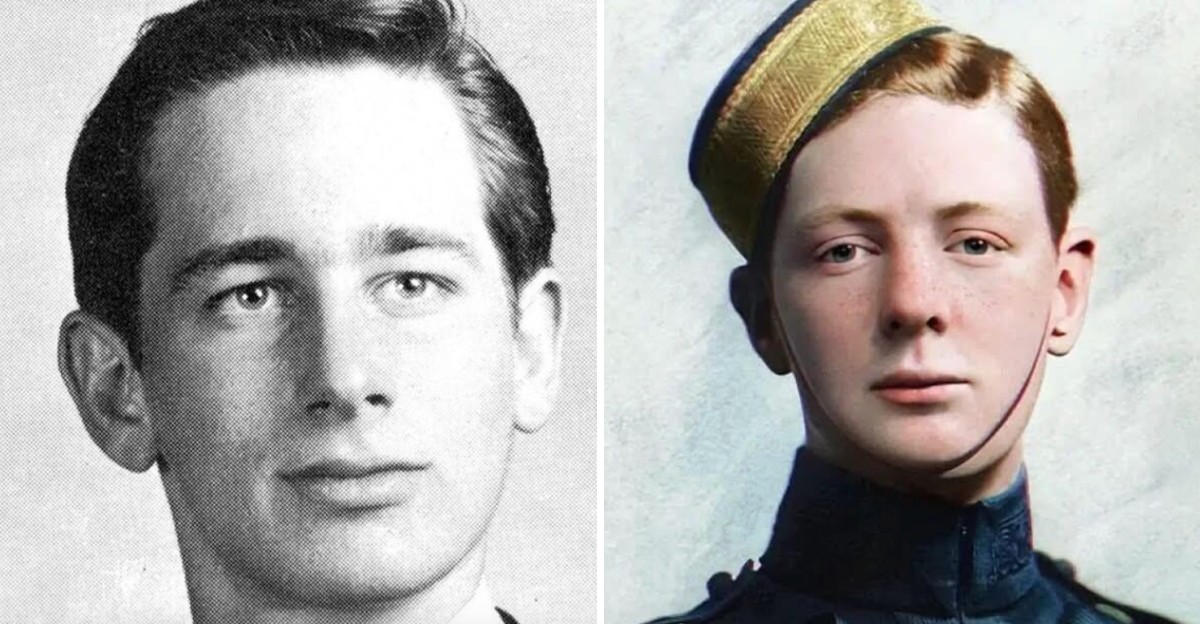Side-by-side portraits of two young men; the left image is a black-and-white photo of a man in a suit, the right is a colorized image of a man in a uniform and hat.