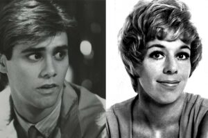 A black-and-white photo of a young man with neatly styled hair and a worried expression is next to a black-and-white portrait of a smiling woman with short, wavy hair, looking slightly upward.