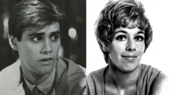 A black-and-white photo of a young man with neatly styled hair and a worried expression is next to a black-and-white portrait of a smiling woman with short, wavy hair, looking slightly upward.