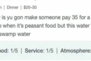 A restaurant review criticizes a $35 pork chop as "peasant food" and says the water "tastes like swamp water." Food, service, and atmosphere are each rated 1/5, except atmosphere, which is rated 4/5.