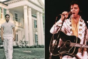 Split image: On the left, a young man in white clothes stands outside a large house with columns; on the right, the same man performs on stage in a white jumpsuit, singing and playing a guitar.
