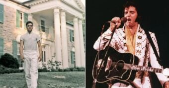 Split image: On the left, a young man in white clothes stands outside a large house with columns; on the right, the same man performs on stage in a white jumpsuit, singing and playing a guitar.