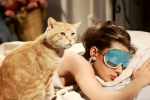 A woman wearing a blue sleep mask lies in bed, partially covered by a blanket, while an orange cat sits beside her, both appearing relaxed in a cozy, softly lit room.