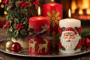 A festive tray with decorated candles, including a red candle with gold snowflakes, a white candle with a Santa face, a candle with reindeer, a tree-shaped candle, ornaments, and a fireplace in the background.