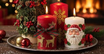 A festive tray with decorated candles, including a red candle with gold snowflakes, a white candle with a Santa face, a candle with reindeer, a tree-shaped candle, ornaments, and a fireplace in the background.