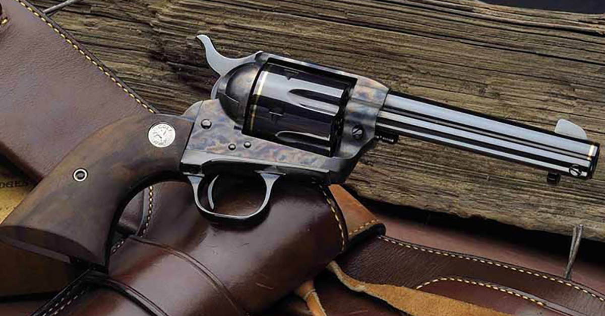 A classic revolver with a dark wooden grip lies atop a leather holster, with weathered wooden planks in the background.