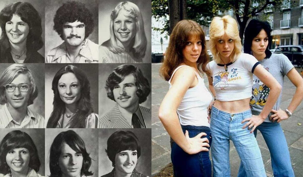 A split image: left side shows black-and-white school yearbook portraits of boys and girls from the 1970s; right side shows three young women in 1970s fashion posing confidently outdoors.