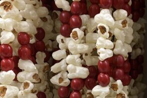 Strands of garlands made of alternating popcorn and red berries, closely hung together in vertical rows, creating a festive and textured pattern.