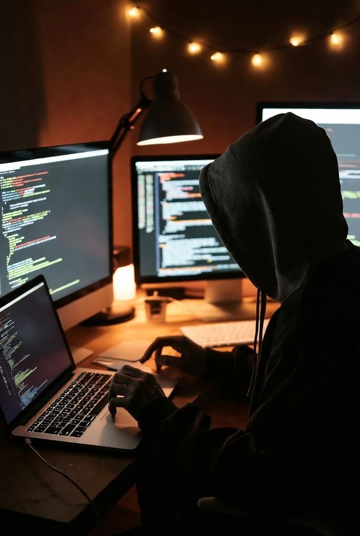 A person wearing a hoodie sits at a desk in a dimly lit room, typing on a laptop, with lines of code displayed on multiple computer screens and string lights hanging above.