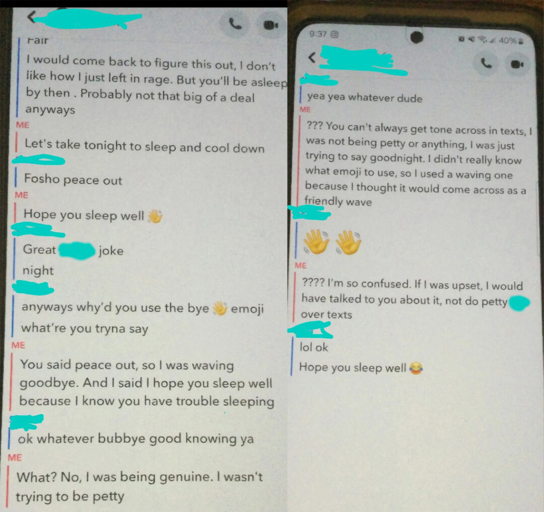 Two phones display a text conversation about using the waving hand emoji. One person tries to explain their intent, while the other misinterprets it as "petty." The conversation ends with clarification and laughter emojis.