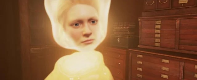 A glowing, ethereal human face appears within a bright light in a dimly lit room filled with wooden cabinets and books.