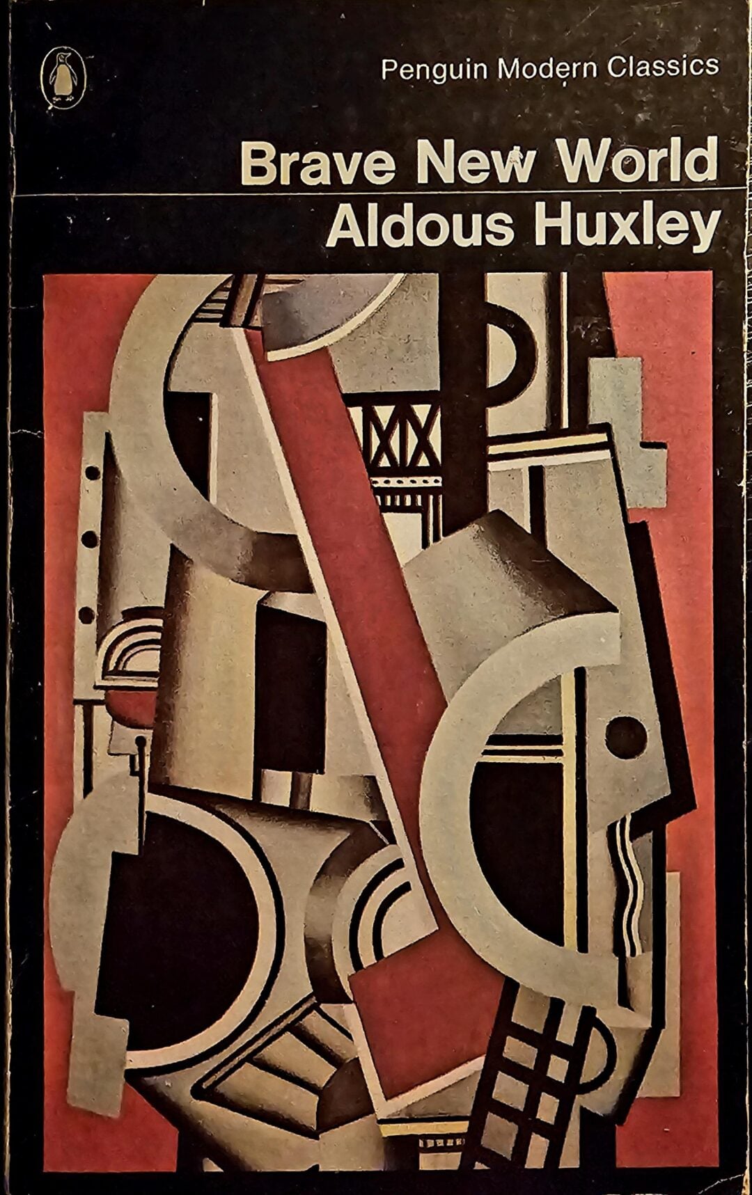 Book cover of "Brave New World" by Aldous Huxley, featuring abstract geometric shapes in shades of brown, red, and beige, with Penguin Modern Classics branding in the top left corner.