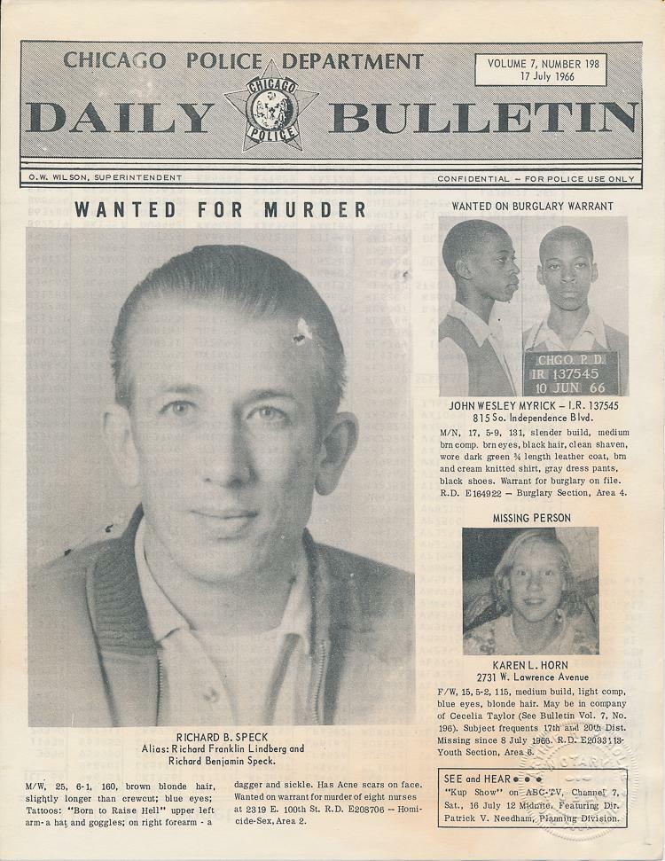 Chicago Police Department Daily Bulletin featuring a large mugshot of Richard B. Speck, wanted for murder, with personal details. Smaller sections show a man wanted on a burglary warrant and a missing woman.