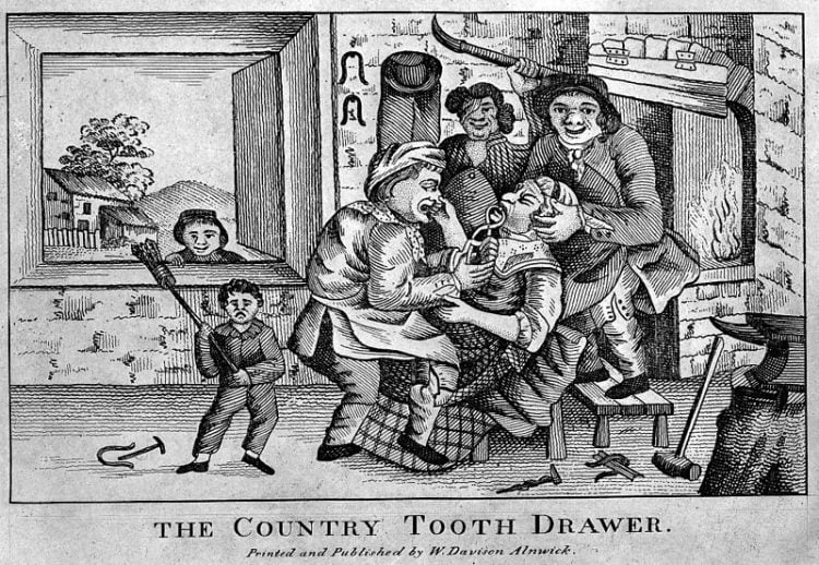 A black-and-white illustration showing a dentist forcefully pulling a tooth from a seated patient, while three onlookers watch. A person looks in through a window, and various tools are scattered on the floor.
