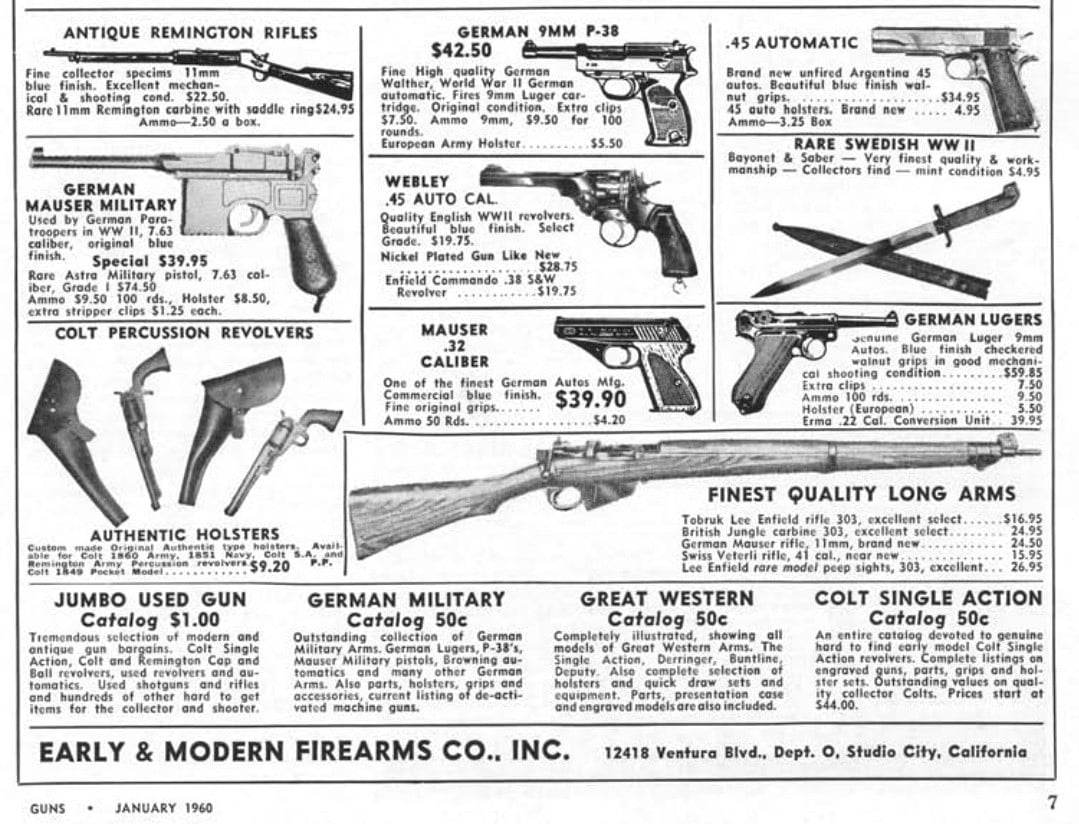 A black-and-white vintage advertisement for various firearms, including pistols, rifles, and revolvers, with illustrations, descriptions, and prices, from Early & Modern Firearms Co., Inc., dated January 1960.