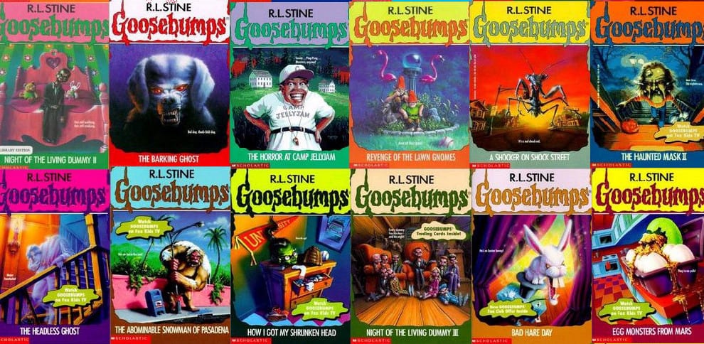 A collage of twelve colorful "Goosebumps" book covers by R.L. Stine, each featuring eerie illustrations such as monsters, haunted houses, and spooky creatures with the "Goosebumps" logo at the top of each cover.