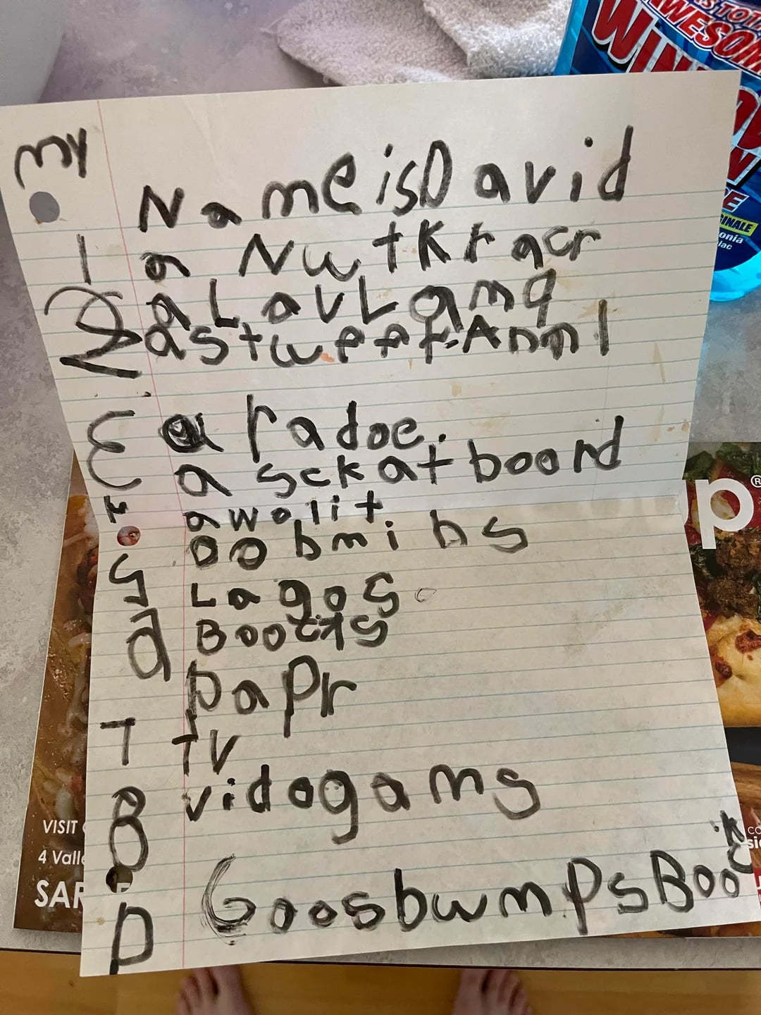 A handwritten list by a child titled "Name is David" includes likes such as "Nutkfafr," "lovlamg," "astupfanml," "radeo," "skatboand," "papr," "TV," "vidogams," and "Goosebumps Boo.
