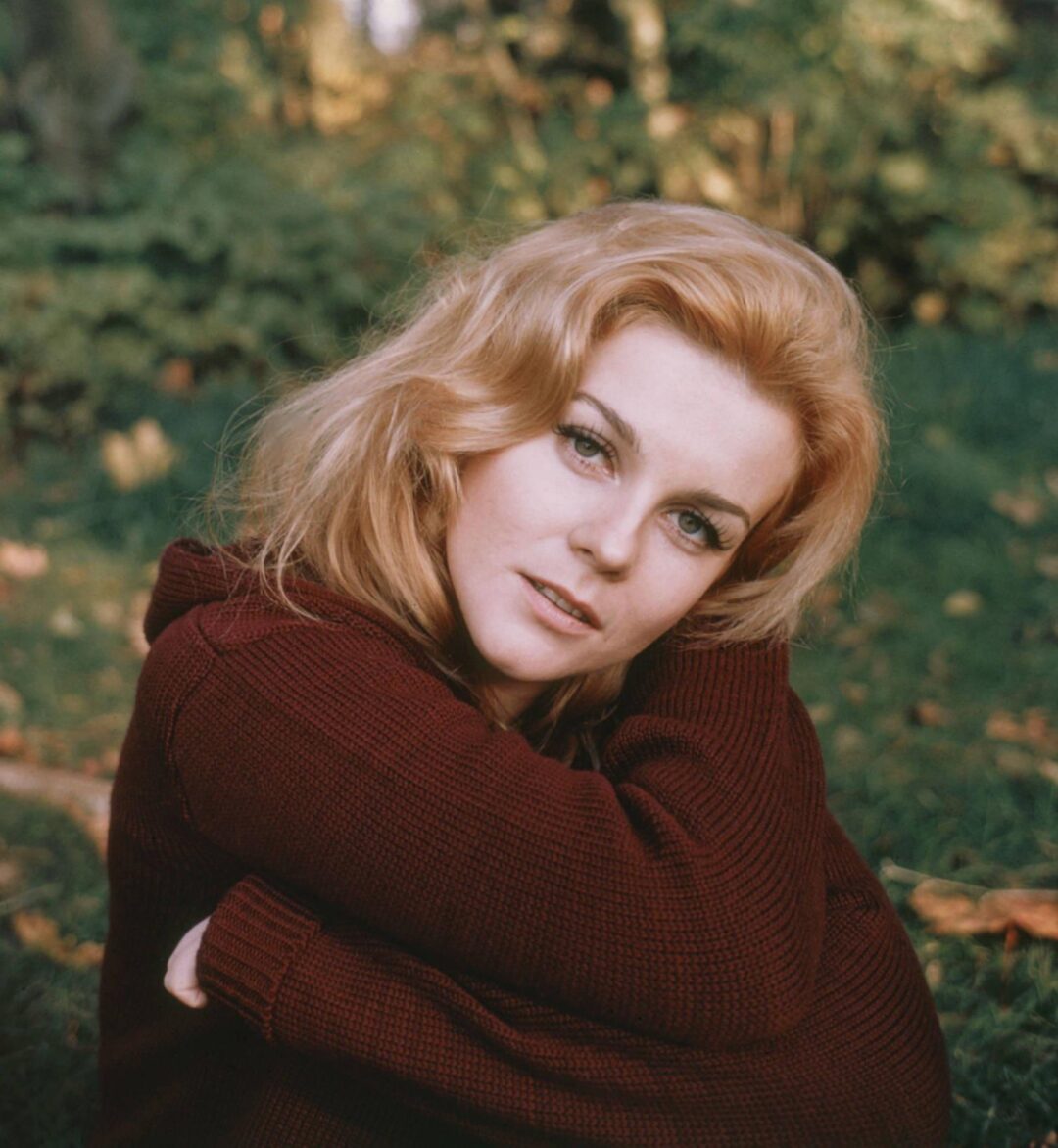 A woman with long red hair wearing a maroon sweater sits on grass, hugging her knees and looking at the camera. The background is filled with green foliage and trees, suggesting a forest or park setting.