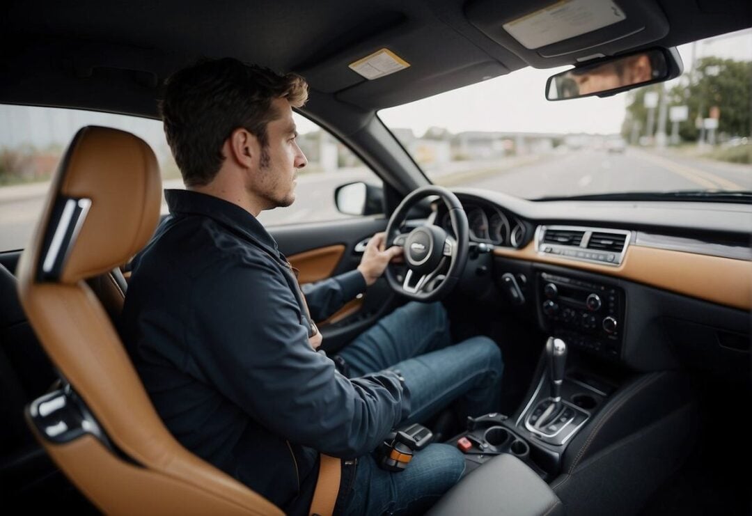A man with light brown hair drives a modern car with tan leather seats, focusing on the road ahead during daytime. The interior dashboard and steering wheel are clearly visible.