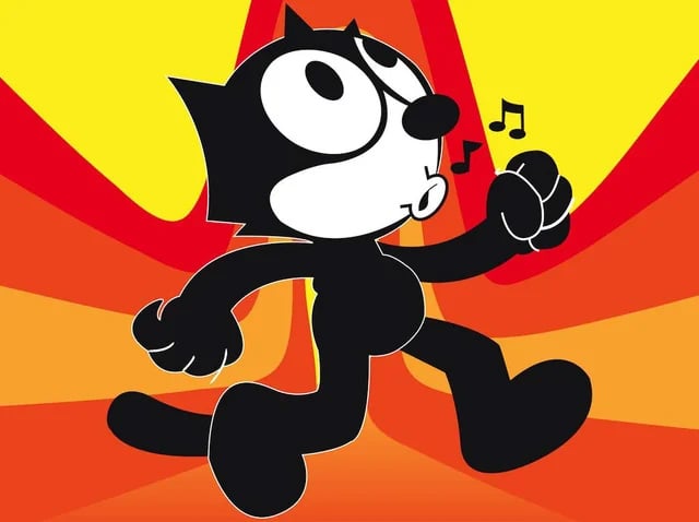 Felix the Cat, a black and white cartoon cat, walks cheerfully while whistling, with musical notes near his mouth. The bright yellow and orange background features bold, radiating shapes.