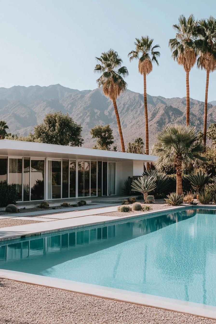 A modern house with large windows sits behind a clear swimming pool, surrounded by palm trees and desert landscaping, with mountains in the background under a clear sky.