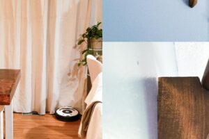 A collage shows a wooden dining table and benches by cream curtains, and close-up details of a wall-mounted wooden curtain rod bracket in a light blue room.