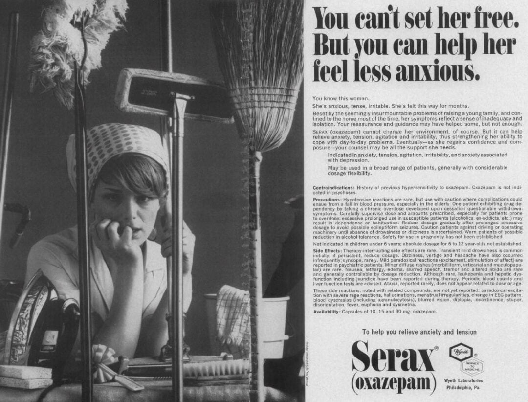 A young woman rests her chin on her hand, looking pensive beside a microphone and typewriter. The ad text discusses anxiety and promotes Serax (oxazepam) as a treatment, with medical information and a prominent drug logo at the bottom.