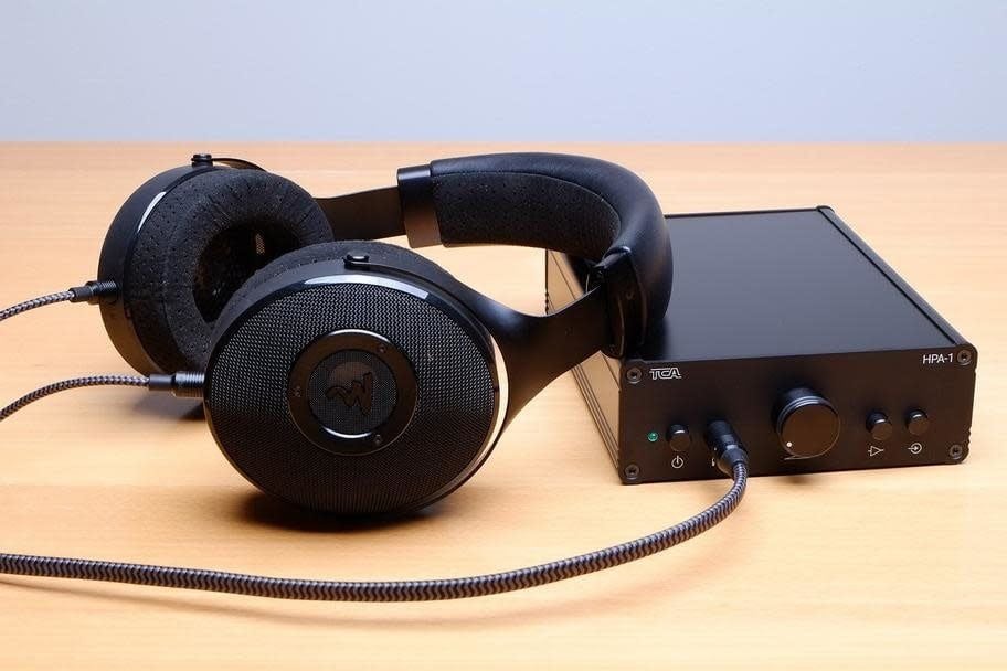 A pair of black over-ear headphones is plugged into a black headphone amplifier on a light wooden desk. The amplifier has various control knobs and buttons on its front panel.