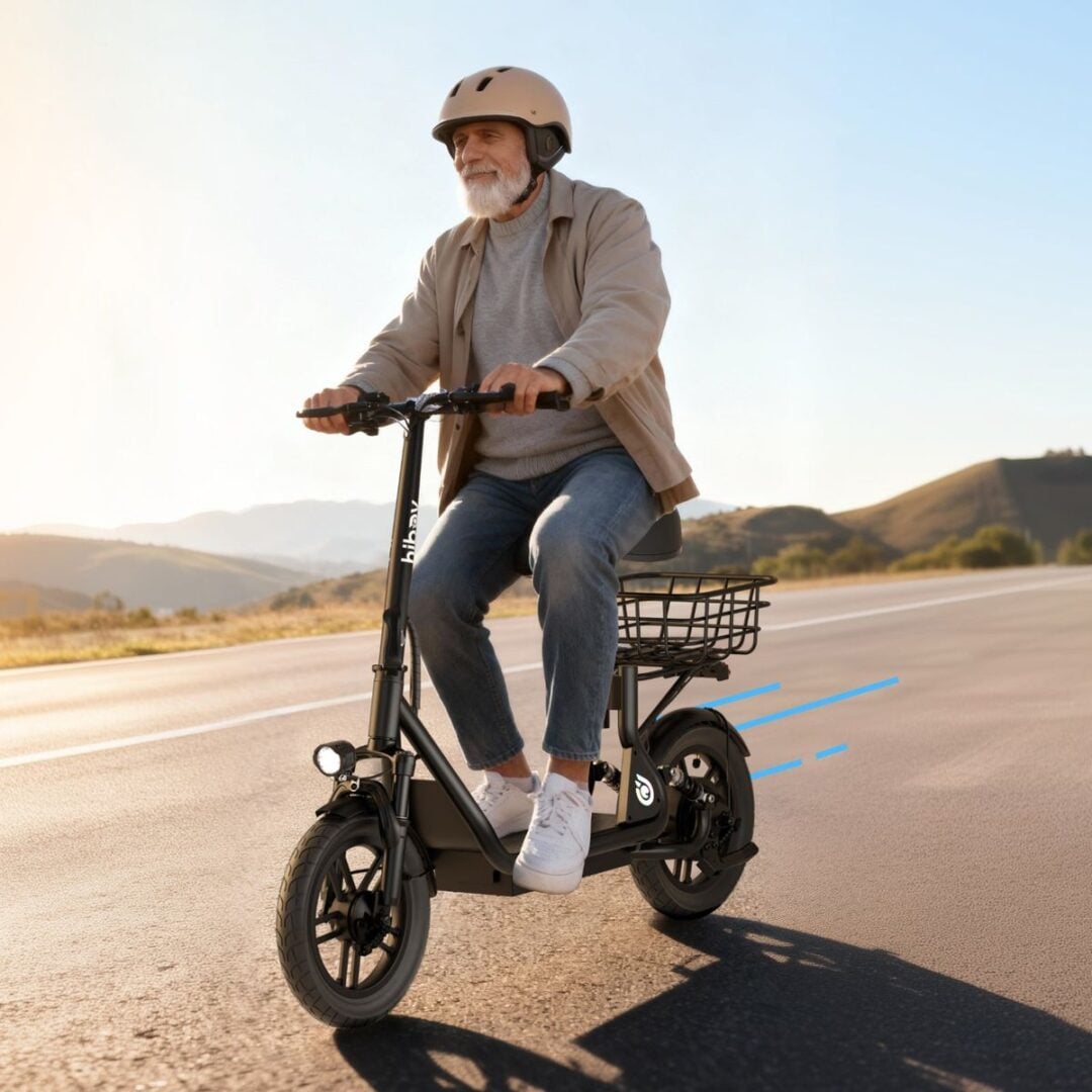 An older man wearing a helmet and casual clothes rides an electric scooter with a front basket on an open road, with hills and a clear sky in the background.