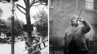 A split image showing: on the left, a man using a long pole to light a streetlamp; on the right, a person blowing a horn upwards, likely to wake residents, both depicting historic street jobs.
