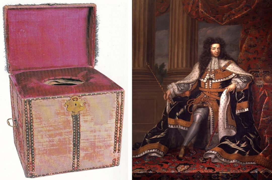 A velvet-covered portable toilet box with a hole in the top sits open on the left; on the right, an elaborately dressed man in royal robes poses seated on a throne in an ornately decorated room.