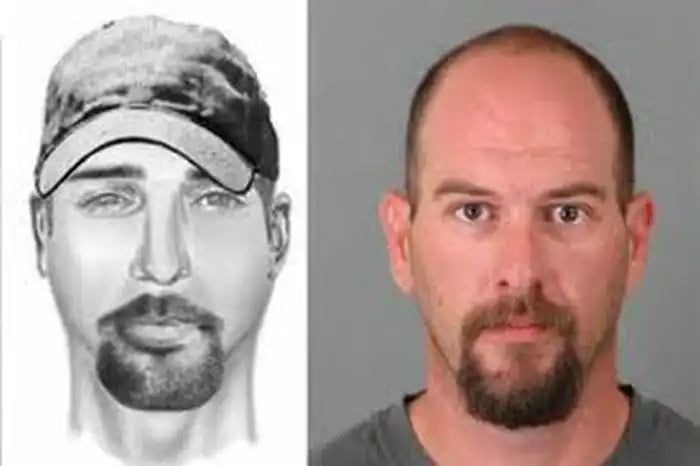 A side-by-side comparison of a police sketch of a man wearing a cap and a goatee on the left, and a color photo of a real man with similar facial hair and expression on the right.