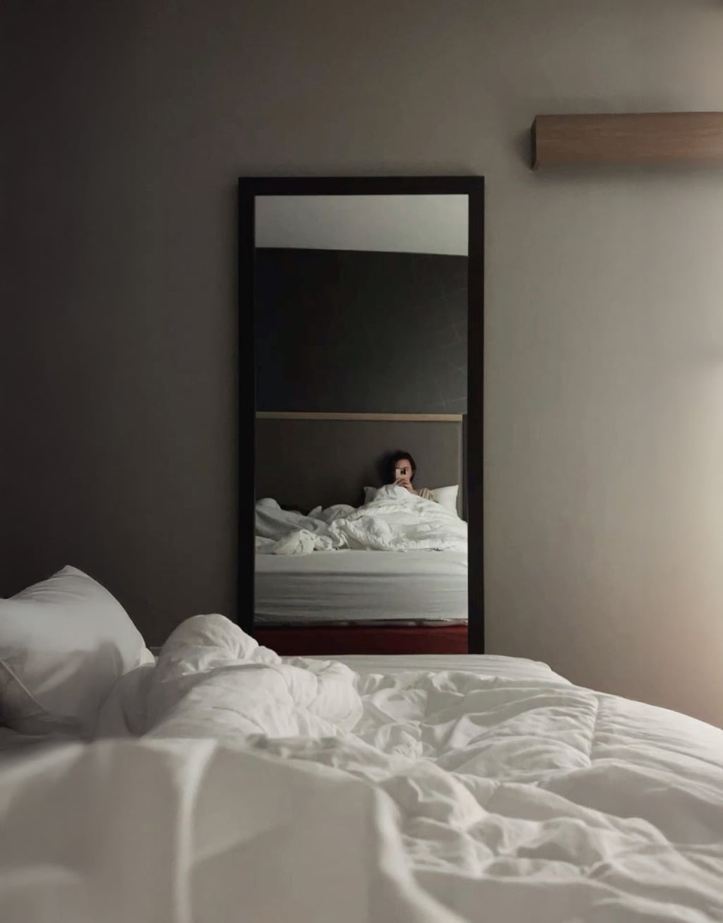 A person sits on an unmade bed, reflected in a tall mirror on a gray wall. The foreground shows a white comforter and pillows on another bed, with soft natural light entering from the right.