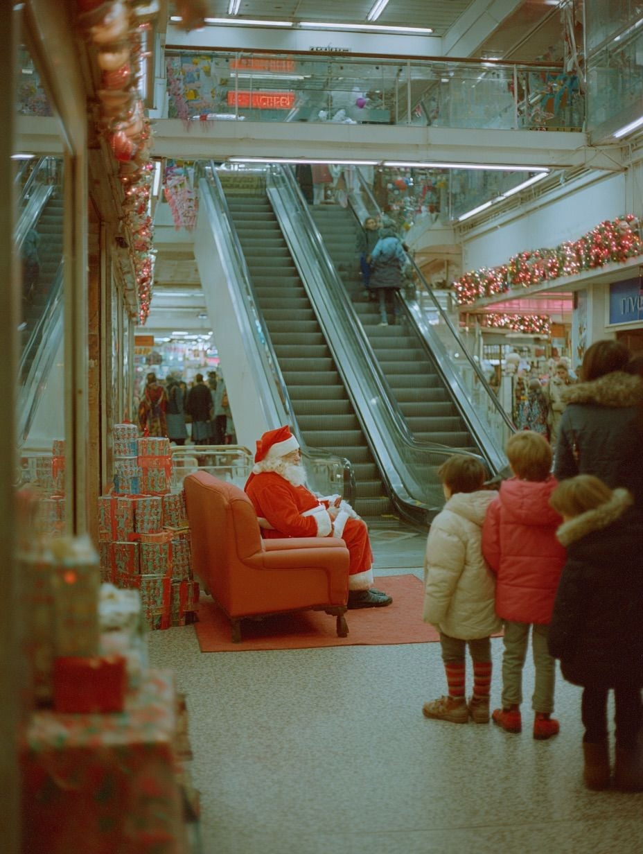 A person dressed as Santa Claus sits on a red chair near escalators in a decorated shopping mall, while three children in winter coats stand in line with an adult, waiting to meet Santa. Wrapped gifts are stacked nearby.