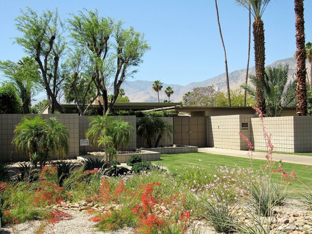 A modern, single-story house with a minimalist design, surrounded by palm trees, flowering plants, and desert landscaping, set against a backdrop of mountains under a clear blue sky.
