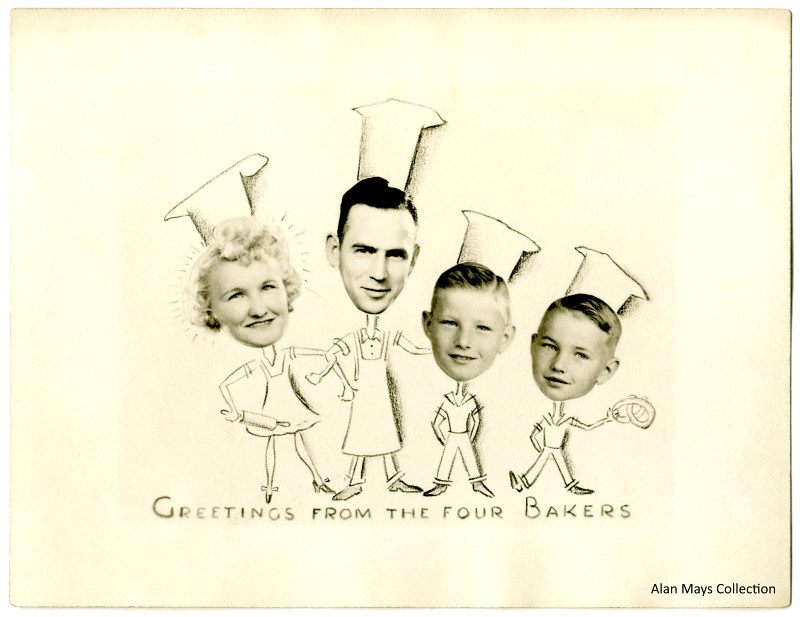A vintage postcard illustration shows four people with photos of their faces on cartoon baker bodies, each wearing a tall chef hat. Text reads "Greetings from the Four Bakers.