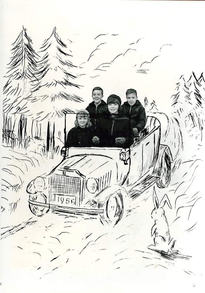 Four smiling children sit in a vintage car with a 1965 license plate, illustrated driving through a forest with pine trees and a rabbit watching by the roadside in a black and white sketch style.