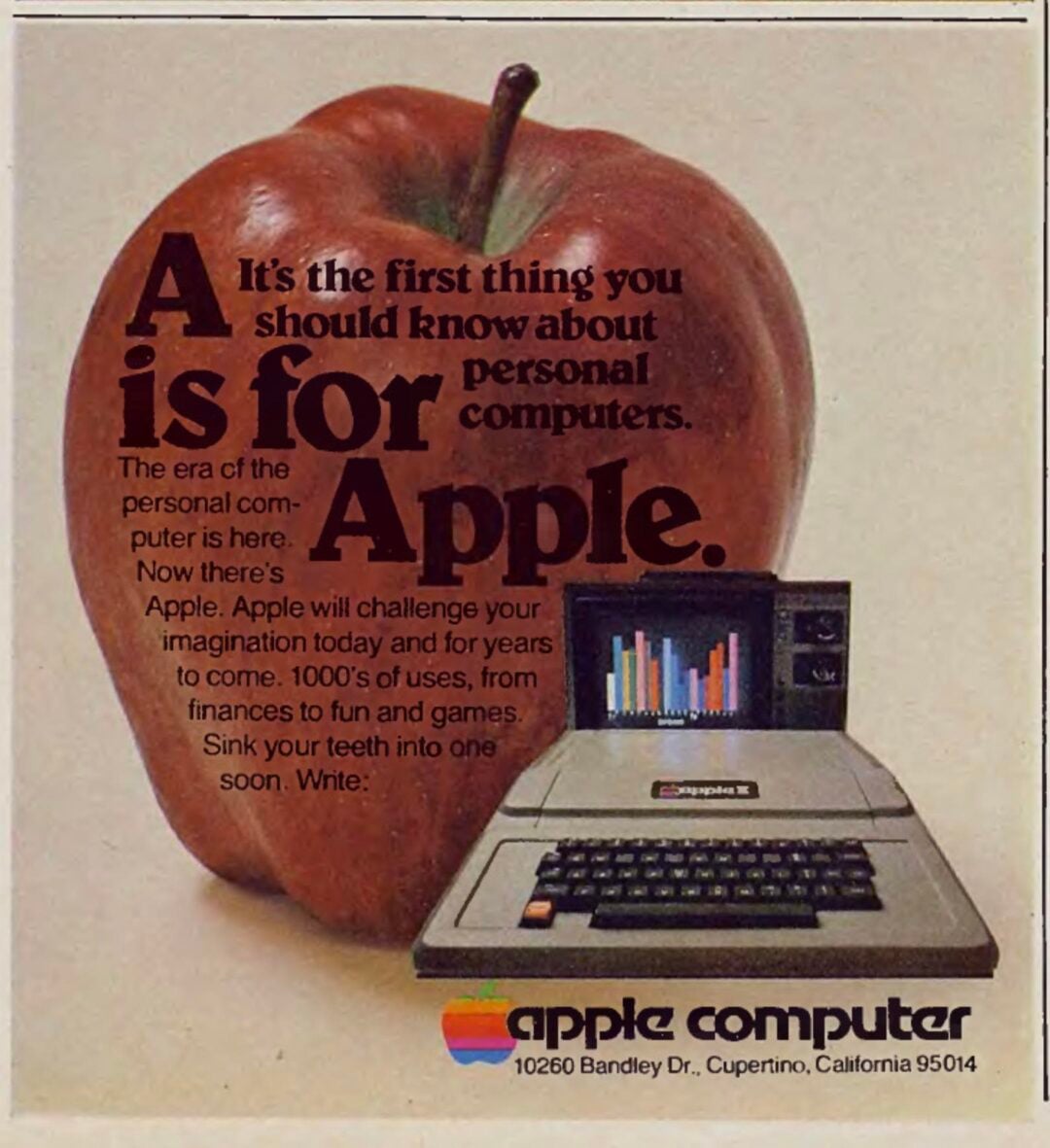 An Apple II computer displaying a colorful bar graph sits in front of a large red apple. Text beside the apple reads: “A is for Apple,” promoting Apple Computer and highlighting its features and uses.