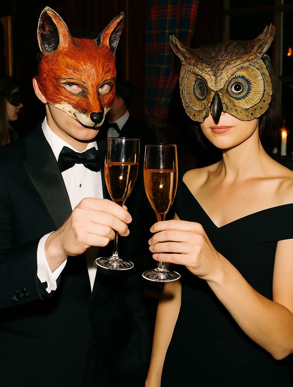 Two people dressed in formal wear, one in a fox mask and the other in an owl mask, raise champagne glasses together at what appears to be a masquerade event.