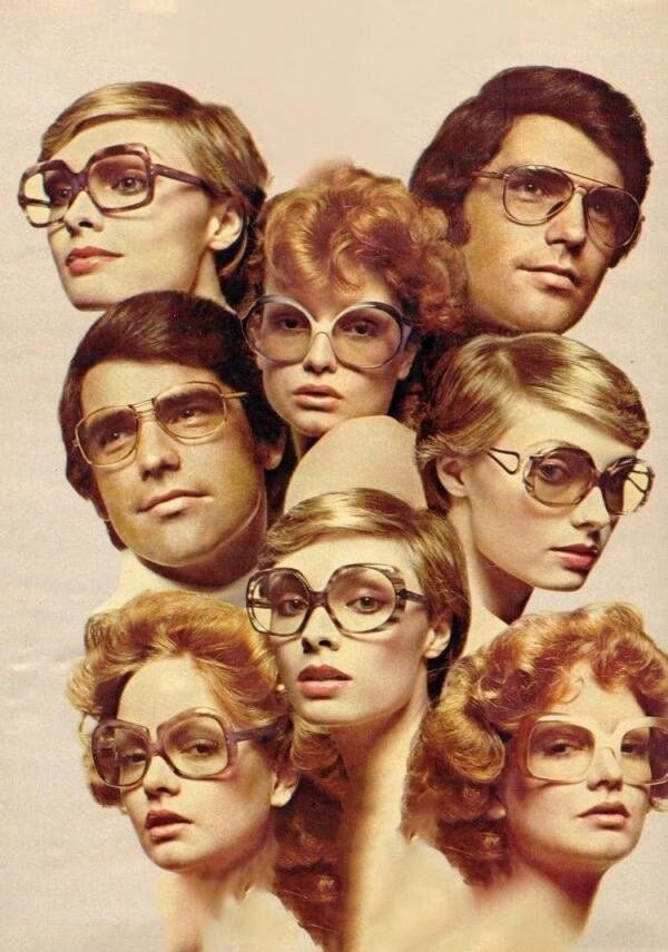 A retro collage of men and women with large 1970s-style glasses, featuring soft lighting and muted colors, arranged closely together with serious expressions.