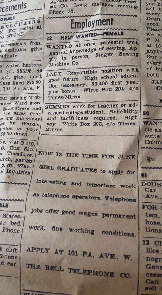 A vintage newspaper classified section showing employment ads for women, including jobs for salesgirls, teachers, and June girl graduates at the Bell Telephone Company, highlighting wages and application details.