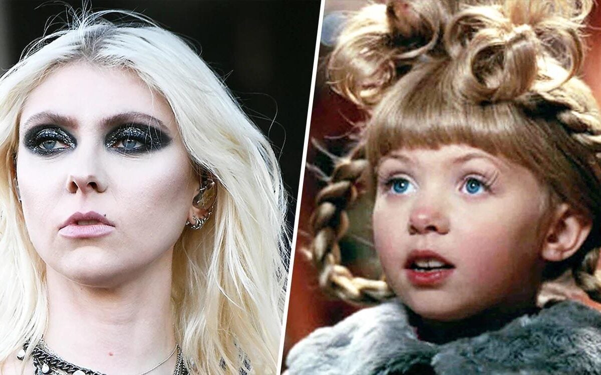 A split image shows a woman with platinum blonde hair and dramatic dark eye makeup on the left, and a young girl with blonde hair in elaborate pigtails and wide eyes on the right.